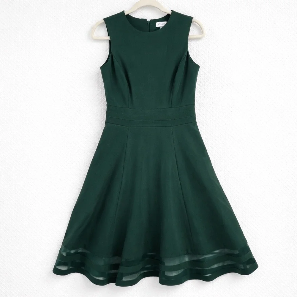 Calvin Klein Forest Green Sleeveless Fit and Flare Dress Mesh Hem Size 4 - Picture 1 of 9